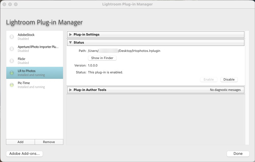 Plugin installed in Lightroom's Plugin Manager